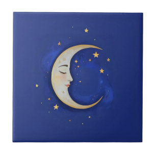Carreau Croissant de lune céleste avec visage or bleu fonc
