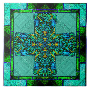 Carreau Croix celtique en verre coloré en or et vert