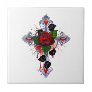 Carreau Croix d'argent avec une rose rouge