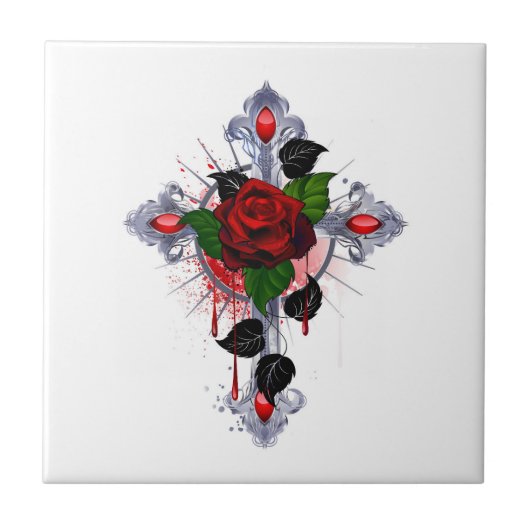 Carreau Croix d'argent avec une rose rouge (Devant)