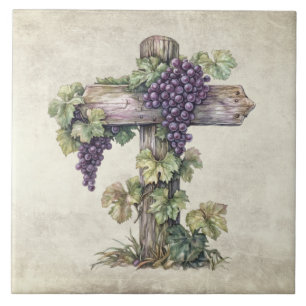 Carreau Croix en bois aquarelle vintage rustique raisins