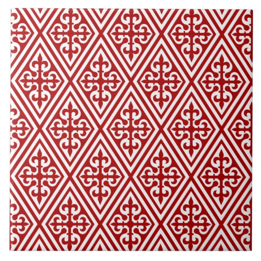 Carreau Croix médiévale Damask - Rouge profond et blanc (Devant)