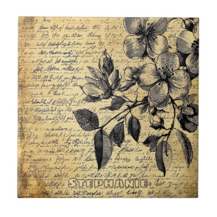 Carreau Croquis Floral Rustique avec Calligraphie - Vieill