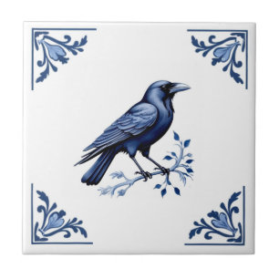 Carreau Crow Bird Delft Blue et White Floral Corners