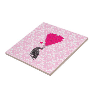 Carreau Crow et coeur sur damas rose