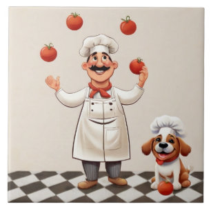 Carreau Cuisinier joyeux : cuisinier français jonglant ave