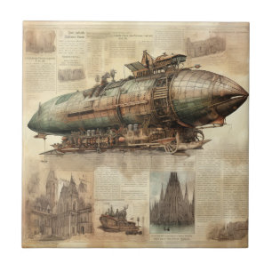 Carreau Cuivre Bleu Gris Steampunk Vaisseau Aérien Vintage