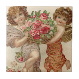 Carreau Cupidon Chérubin Ange Panier Roses Rose