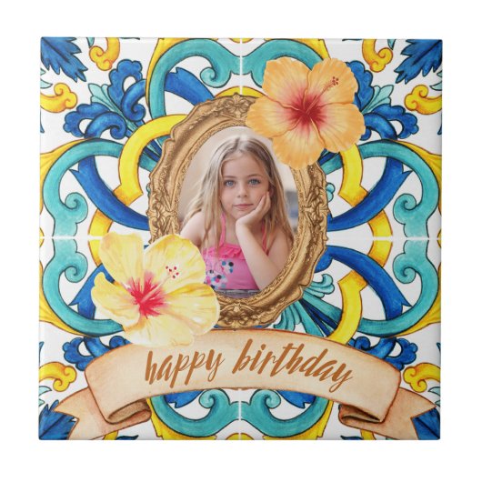 Carreau Custom Birthday Photo Blue Mediterranean Tile Cera (Devant)