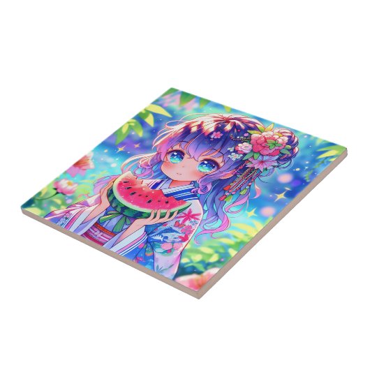 Carreau Cute Anime Girl Manger Watermelon sur une journée (Côté)