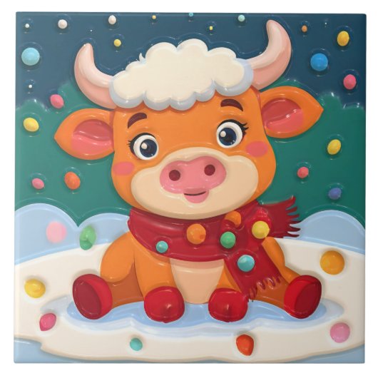 Carreau Cute Baby Highland Cow w Christmas Lights on Teal (Devant)