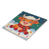 Carreau Cute Baby Highland Cow w Christmas Lights on Teal (Côté)