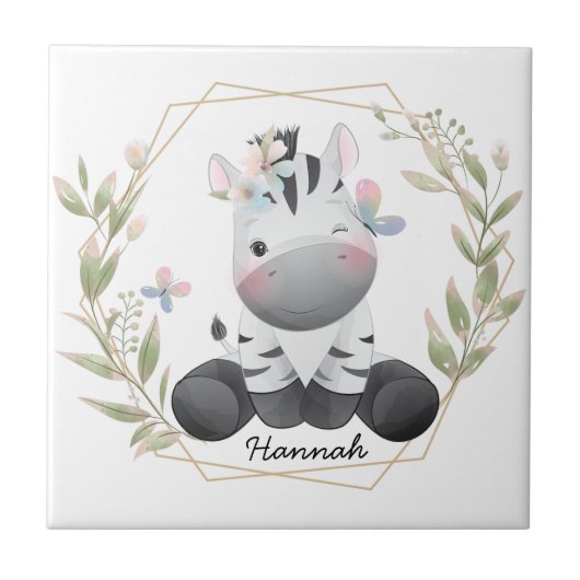 Carreau Cute Baby Zebra Flower Wreath Nom personnalisé (Devant)