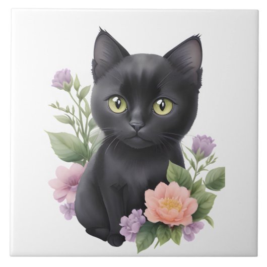 Carreau Cute Black Chat Floral Whimsical (Devant)