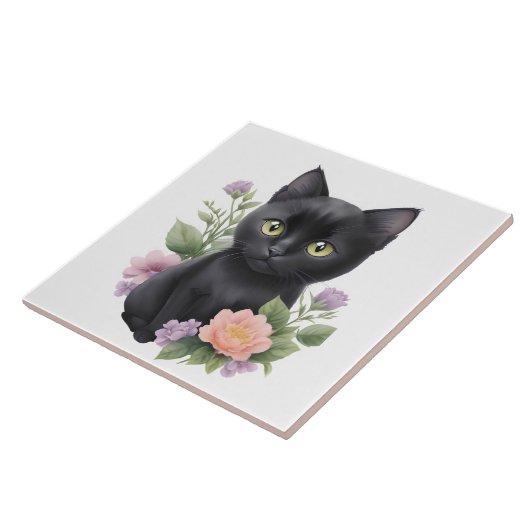 Carreau Cute Black Chat Floral Whimsical (Côté)