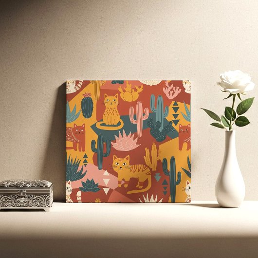 Carreau Cute Boho Desert Cats Cactus Succulent Pattern