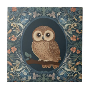 Carreau Cute Brown Chouette Tawny Marine Fleurs Flore Bleu