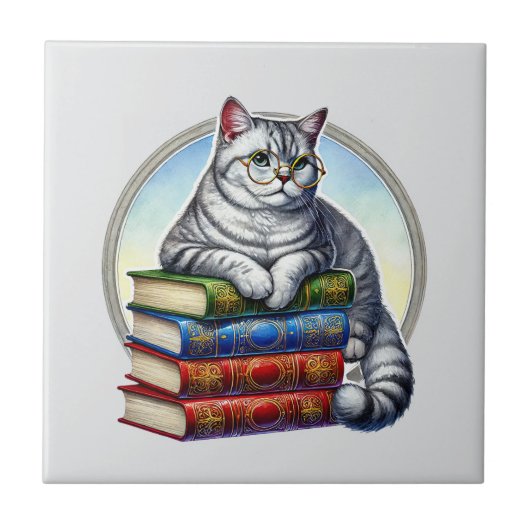 Carreau Cute cat reading nook library book lovers  (Devant)