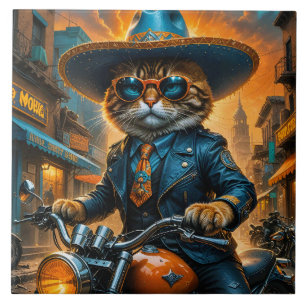 Carreau Cute Chat En Sombrero Et Moto