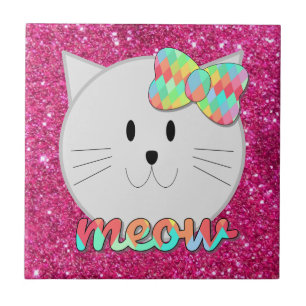 Carreau Cute chat Meow arc-en-ciel Bow rose Parties scinti
