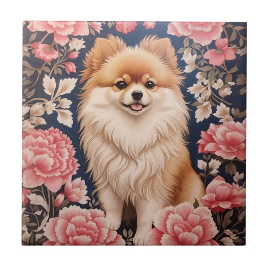 Carreau Cute Chien Poméranien Rose Floral (Devant)