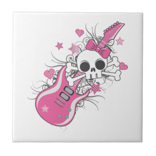 Carreau Cute crâne avec guitare rose