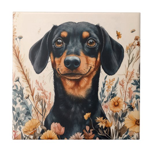 Carreau Cute Dachshund avec peinture Fleur sauvage (Devant)