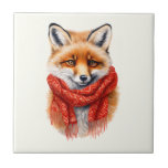 Carreau Cute Fox in a Red Scarf Autumn Image<br><div class="desc">Ceramic tile with an adorable illustration featuring a cute little red fox face
with a red scarf wrapped around his neck.</div>