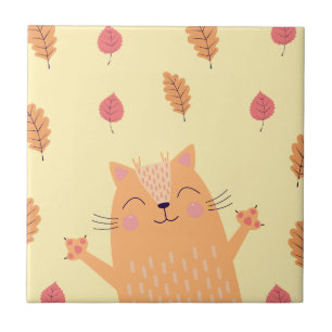 Carreau Cute Ginger Orange Chat Jouer dans les feuilles d'