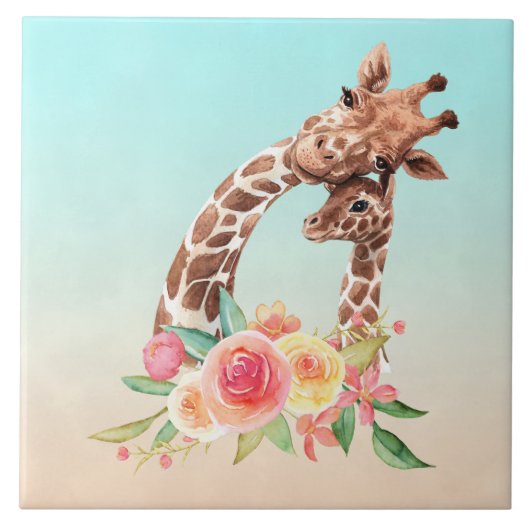 Carreau Cute Giraffe Aquarelle Maman & Bébé (Devant)