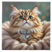 Carreau Cute Grey Fluffy Tabby Chat avec collier diamant (Devant)