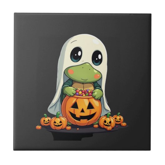 Carreau Cute Halloween Turtle Ghost with Candy (5) (Devant)