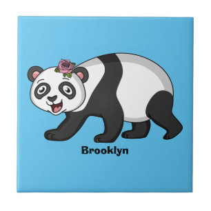 Carreau Cute happy panda bear with flower cartoon