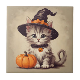 Carreau Cute Kitten Vintage en costume sorcier Halloween