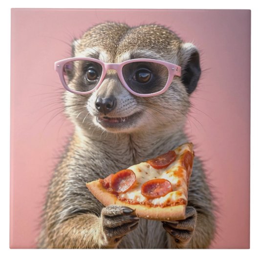 Carreau Cute Meerkat avec lunettes et pizza (Devant)