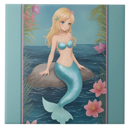 Carreau Cute Mermaid - Blonde Cartoon fille avec la queue  (Devant)