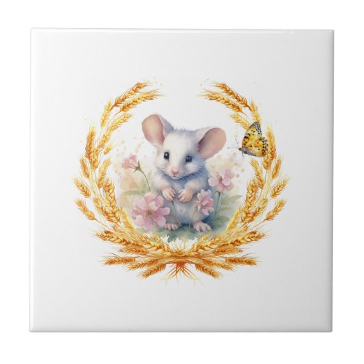Carreau Cute Mouse Blé Papillon Carrelage blanc Floral (Devant)