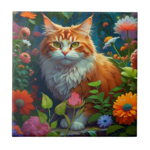 Carreau Cute Orange Chat en Fleurs