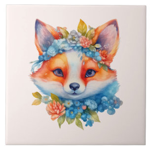 Carreau Cute Renard orange avec Couronne florale