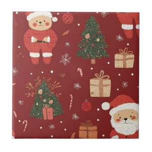 Carreau Cute Teddy Bear & Santa sur fond rouge (2)