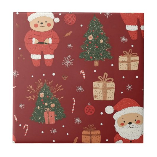 Carreau Cute Teddy Bear & Santa sur fond rouge (2) (Devant)