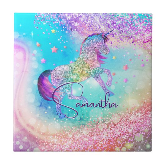 Carreau Cute unicorn rose Parties scintillant arc-en-ciel (Devant)