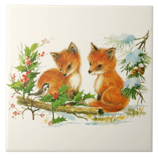 Carreau Cute Vintage Foxes Retro Christmas Scene (Devant)
