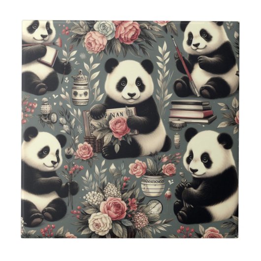 Carreau Cute Vintage Panda Floral (Devant)