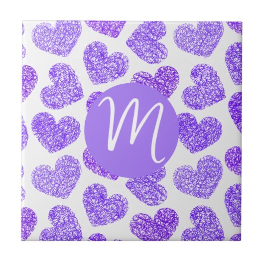 Carreau Cute violet Doodled Heart Saint Valentin Monogramm (Devant)