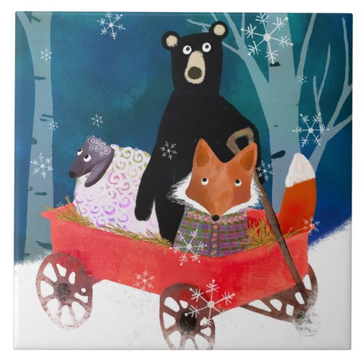 Carreau Cute Winter Friends in Red Wagon Ceramic Tile (Devant)