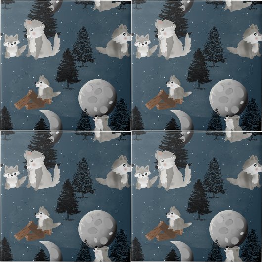 Carreau Cute Wolf Pack Woodland Night Sky Moon