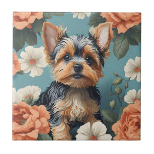 Carreau Cute Yorkshire Terrier Puppy Floral