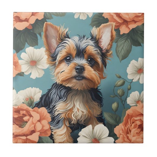 Carreau Cute Yorkshire Terrier Puppy Floral (Devant)