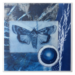 Carreau Cyanotype vintage bleu et blanc de papillon de nui